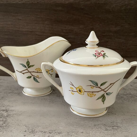 Vintage Royal Worcester Blossom Time Covered Sugar Creamer 3-PC Bone China MINT - Picture 1 of 16